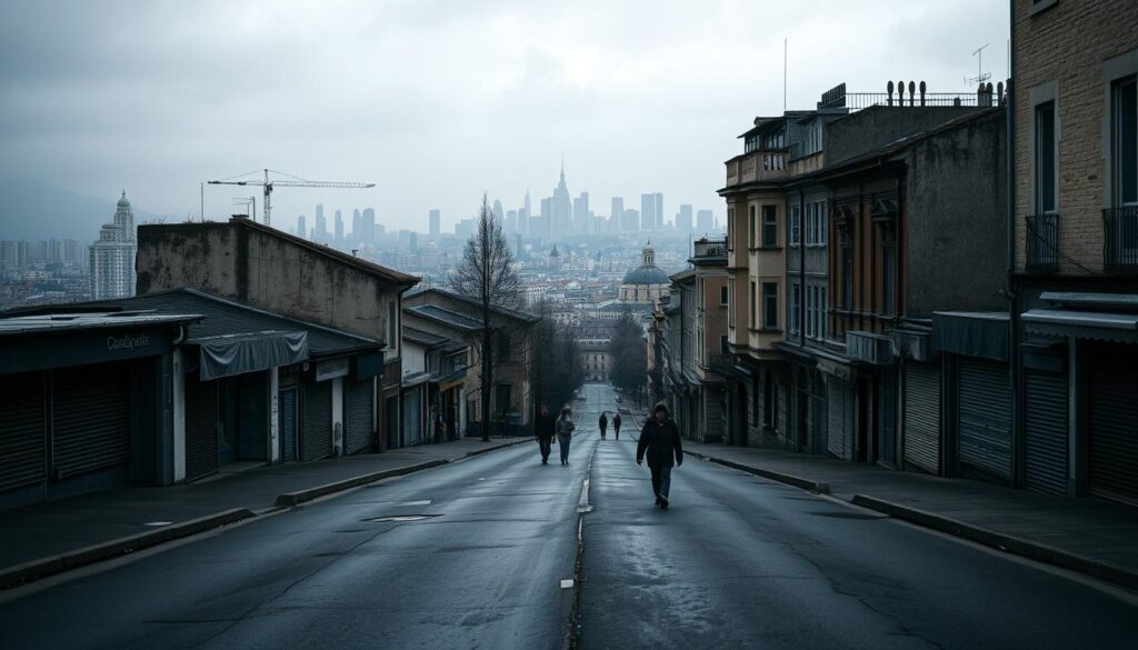 A bleak and somber landscape in Europe, with a hazy, grey sky casting a melancholic tone. In the foreground, a desolate street lined with shuttered storefronts and abandoned buildings, conveying a sense of economic decline. In the middle ground, a few dejected pedestrians trudge through the empty streets, their shoulders hunched, reflecting the weight of the recession. In the background, a skyline of once-vibrant cities now shrouded in a veil of uncertainty, the once-thriving financial district reduced to a shell of its former self. The scene is illuminated by a dim, muted lighting, further emphasizing the gloomy atmosphere. An overwhelming sense of economic stagnation and despondency permeates the entire composition.