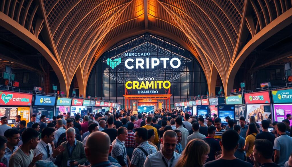 A bustling Brazilian crypto market, set against the vibrant backdrop of a lively marketplace. In the foreground, a diverse array of crypto traders and enthusiasts engage in animated discussions, their faces illuminated by the glow of digital screens. The middle ground features stalls and kiosks adorned with cryptocurrency-themed displays, surrounded by a throng of curious onlookers. In the background, the striking architecture of the Mercado Cripto Brasileiro serves as a dramatic stage, its modern lines and vibrant colors creating a sense of energy and innovation. Warm, natural lighting casts a golden hue over the scene, capturing the dynamic atmosphere of this burgeoning financial hub.