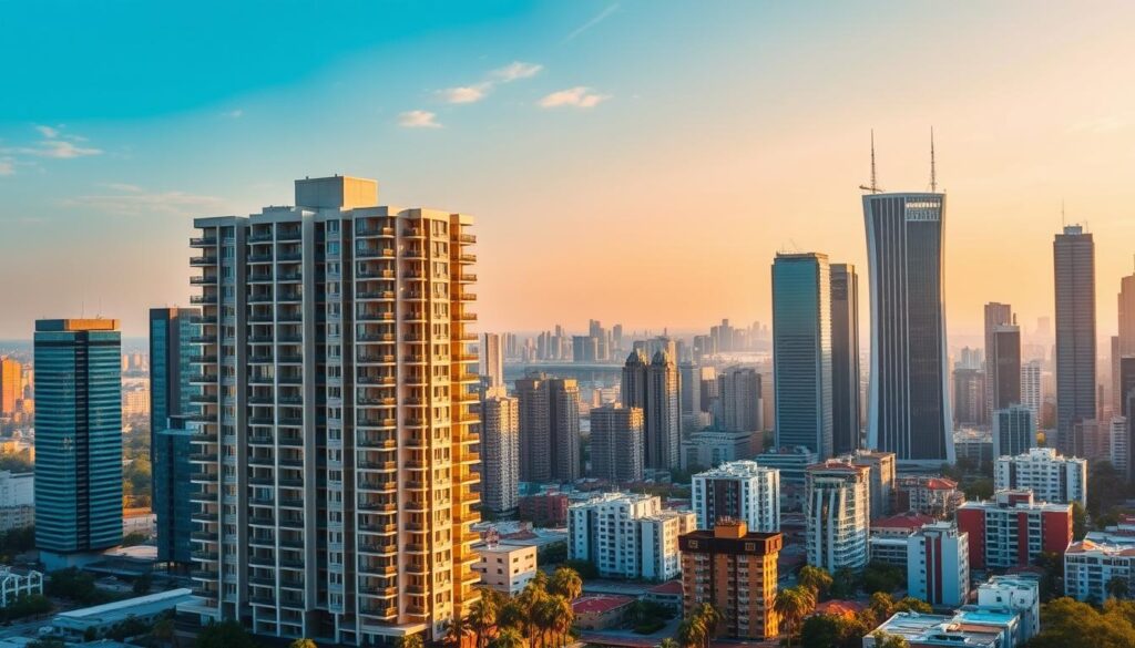 A bustling city skyline with modern high-rise buildings and sleek office towers, bathed in warm, golden light. In the foreground, a well-designed, contemporary residential building stands prominently, representing the real estate investment funds. The middle ground features a diverse array of residential and commercial properties, suggesting the diversified nature of real estate investment trusts. In the background, a vibrant cityscape with a mix of architectural styles creates a dynamic and thriving urban environment. The scene conveys a sense of stability, growth, and the potential for steady returns associated with real estate investment funds.