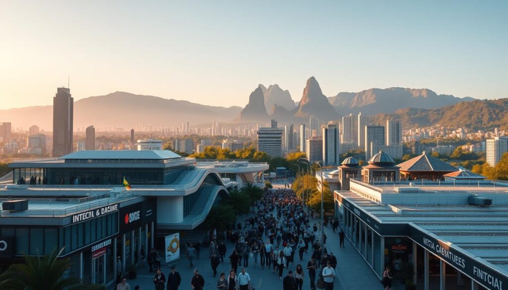 A bustling digital financial marketplace in Brazil, bathed in warm, golden light. In the foreground, a cluster of sleek, modern buildings and skyscrapers housing fintech hubs and innovation centers. In the middle ground, people hurry along the bustling streets, engrossed in their digital devices and transactions. In the background, a lush, verdant cityscape with towering mountains in the distance, reflecting the nation's economic growth and technological advancements. The scene conveys a sense of energy, dynamism, and the transformation of the Brazilian financial landscape through the rise of fintechs.