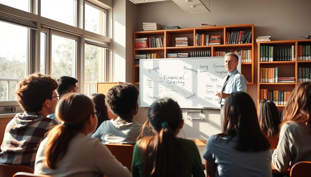 A classroom setting with students of diverse backgrounds engaged in a financial literacy lesson. The teacher, dressed professionally, stands at the front of the class, gesturing towards a whiteboard displaying concepts like budgeting, saving, and investment. Sunlight streams through large windows, creating a warm, inviting atmosphere. The students listen intently, their faces a mix of curiosity and understanding. In the background, shelves filled with textbooks and educational materials hint at the importance of financial education being integrated into the curriculum. The scene conveys the significance of empowering young minds with essential financial knowledge to navigate the complexities of the modern world.