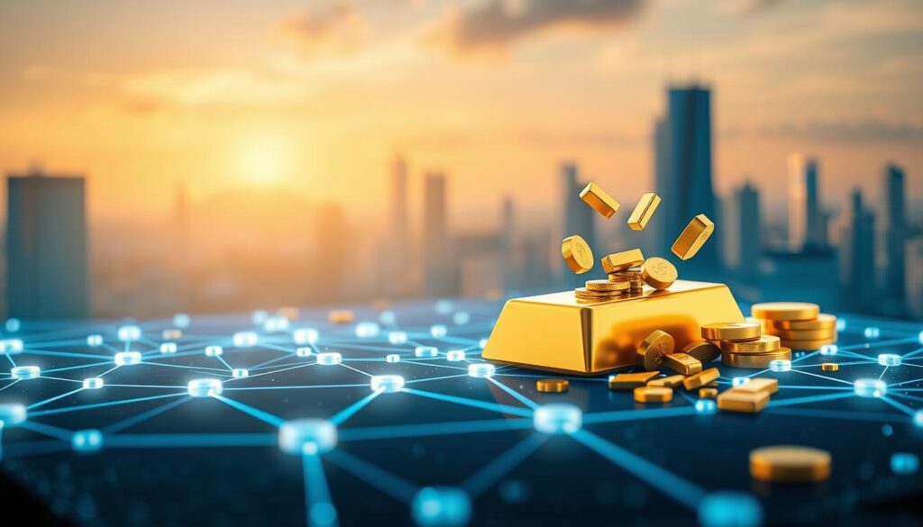 A detailed 3D render of a financial concept titled "Fundamental Concepts of Asset Tokenization". The foreground features a stylized blockchain network visualized as glowing hexagon nodes connected by luminous lines, symbolizing the decentralized infrastructure underpinning tokenization. In the middle ground, a solid gold bar is being fractured into smaller gold token pieces, representing the process of asset tokenization. The background shows a cityscape with skyscrapers bathed in a soft, warm light, conveying a sense of innovation and progress. The overall scene has a sleek, high-tech aesthetic with a color palette of golds, blues, and grays, projecting a mood of technological sophistication and financial innovation.