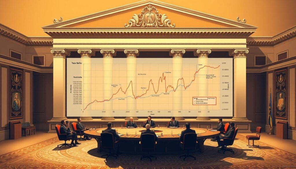 A detailed architectural illustration depicting the "Taxa Selic e Decisões do Copom", showcasing the inner workings of the Central Bank's monetary policy decisions. The foreground features a large, ornate meeting table surrounded by figures in formal attire, representing the Monetary Policy Committee (Copom) in session. The middle ground displays a complex graph or chart visualizing the Selic rate over time, with annotations and data points. The background consists of a grand, classical-style building facade, symbolizing the authority and gravity of the central banking institution. The lighting is warm and subdued, creating a sense of importance and gravitas. The overall composition conveys the serious, high-stakes nature of the Selic rate and its impact on the broader economy.