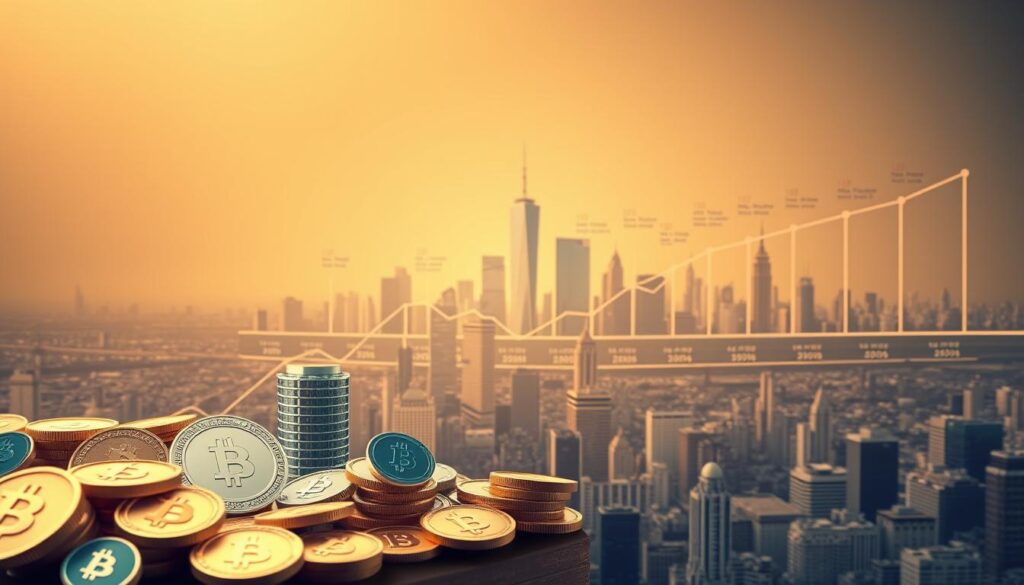 A detailed illustration of the historical evolution of financial market tokenization. In the foreground, a series of digital tokens and cryptocurrency icons representing the gradual adoption of blockchain-based asset tokenization. In the middle ground, a cityscape with skyscrapers and financial district landmarks, symbolizing the integration of tokenization into traditional finance. In the background, a timeline charting the key milestones and technological advancements that have driven the growth of the tokenization market. Soft, warm lighting illuminates the scene, creating a sense of progress and innovation. Rendered in a clean, minimalist style to emphasize the conceptual aspects.