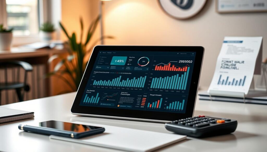 A detailed personal financial analysis, presented on a clean, minimalist desktop. In the foreground, a tablet or laptop displays a comprehensive financial dashboard, with charts, graphs, and key metrics. The middle ground features office supplies like a pen, calculator, and notebook, creating a sense of organization and focus. The background is a warm, softly-lit workspace, with a hint of greenery or a simple wall décor, conveying a sense of calm and professionalism. The overall mood is one of clarity, control, and a thoughtful approach to personal finance.