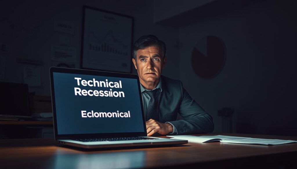 A dimly lit office, the walls adorned with charts and graphs depicting a downward economic trend. In the foreground, a desk with a laptop displaying a stark "Technical Recession" alert, casting an ominous glow. The middle ground features a pensive executive, brow furrowed, contemplating the implications of this economic shift. The background is shrouded in a sense of uncertainty, with a hazy, muted palette conveying the gravity of the situation. Dramatic lighting casts deep shadows, heightening the mood of concern and unease. The overall composition suggests the weight and complexity of the "Technical Recession" concept within the broader economic landscape.