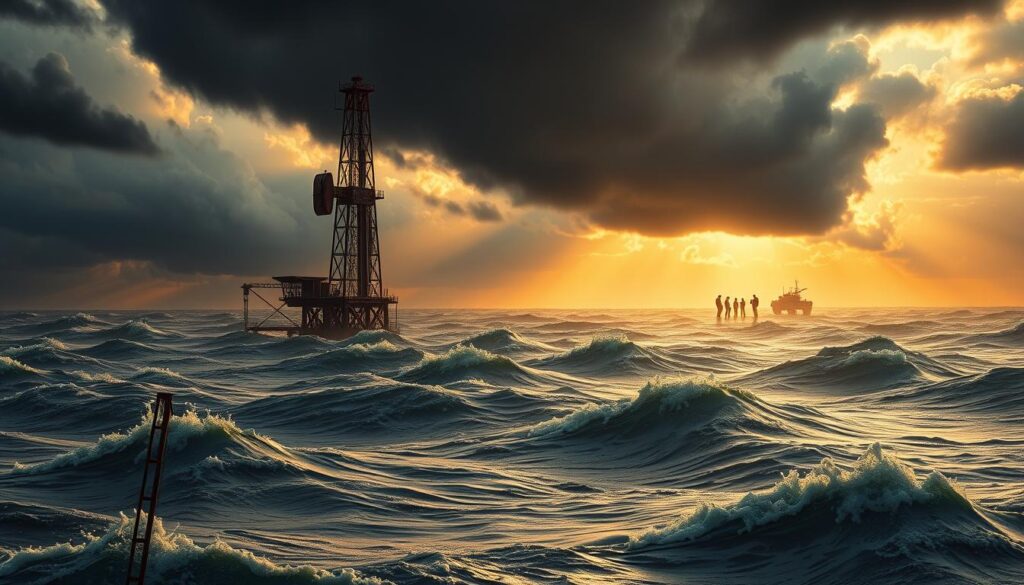 A dramatic landscape depicting the impact of the Middle Eastern conflict on global oil prices. In the foreground, a towering oil derrick stands ominously, surrounded by a sea of turbulent waves representing the volatility of the market. The sky is a moody blend of ominous storm clouds and shafts of golden light, creating an atmosphere of tension and uncertainty. In the distance, silhouetted figures engage in a heated exchange, symbolizing the geopolitical tensions driving the price fluctuations. The scene is rendered in a photorealistic style, with attention to detailed textures, dramatic lighting, and a sense of depth and scale that captures the gravity of the situation.