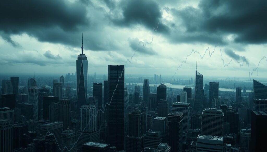 A dramatic, sweeping vista of the world's major stock exchanges in freefall. The cityscape of skyscrapers and financial centers is cast in a somber, ominous light, with dark clouds roiling overhead. Jagged lines and plummeting graph lines overlay the scene, conveying the sense of a global market in steep decline. The mood is one of tension and unease, with a palpable air of uncertainty hanging over the chaotic, turbulent financial landscape. Crisp, high-contrast photography with a cinematic, wide-angle lens captures the scale and gravity of the situation, creating a powerful, impactful image to illustrate the global economic downturn.