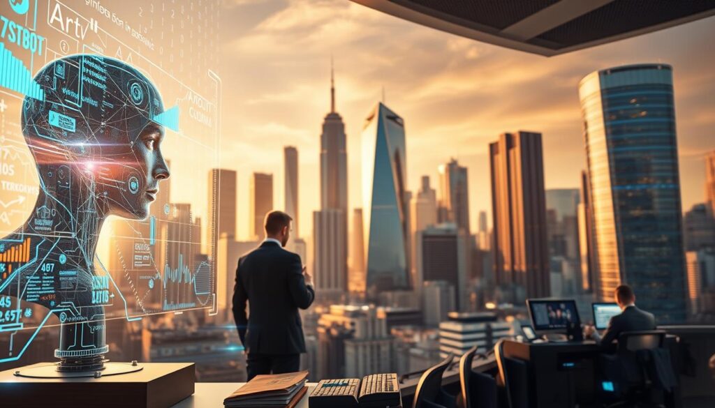 A dynamic scene of artificial intelligence transforming the financial market. In the foreground, a sleek, futuristic AI system interfaces with a holographic display, processing vast amounts of data. In the middle ground, traders and analysts work in tandem with AI-powered algorithms, making real-time decisions. The background depicts a cityscape of towering skyscrapers, symbolizing the financial district, bathed in a warm, golden light, conveying a sense of progress and innovation. The overall mood is one of technological advancement, efficiency, and the fusion of human and artificial intelligence in the financial realm.