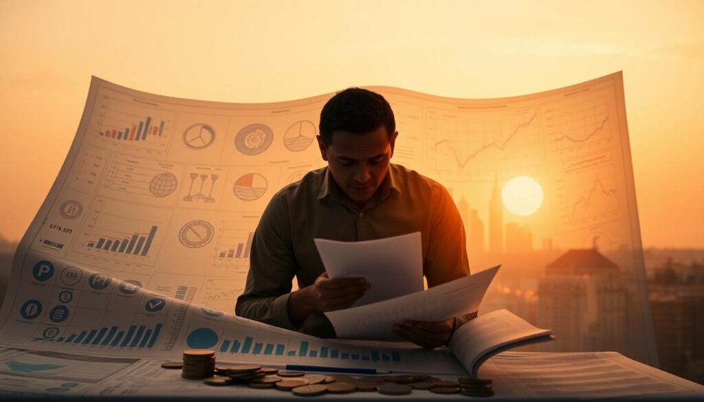 A financial strategy blueprint unfurled against a warm, muted backdrop. In the foreground, an array of financial icons - charts, graphs, and coins - illuminated by soft, directional lighting that casts subtle shadows, conveying a sense of depth and three-dimensionality. The middle ground features a person, their face obscured, poring over financial documents, deep in contemplation. In the background, a city skyline or a serene natural landscape, hinting at the broader context of the financial journey. The overall mood is one of focus, determination, and a sense of purpose, with a touch of optimism, as the subject navigates a path towards financial stability.