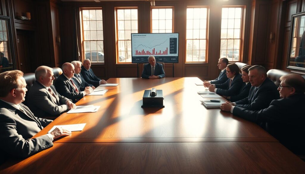 A formal, professional meeting room with a large oak conference table. Sunlight streams in through tall windows, casting warm tones on the polished wood and leather chairs. Around the table, a group of somber-faced central bankers in suits and ties, deep in discussion. Displayed on a screen behind them, a visual presentation of economic data and charts. The atmosphere is serious, with an air of cautious deliberation as they weigh their decisions. Subtle shadows and highlights accentuate the gravity of the moment, the weight of their responsibility to steer the economy.