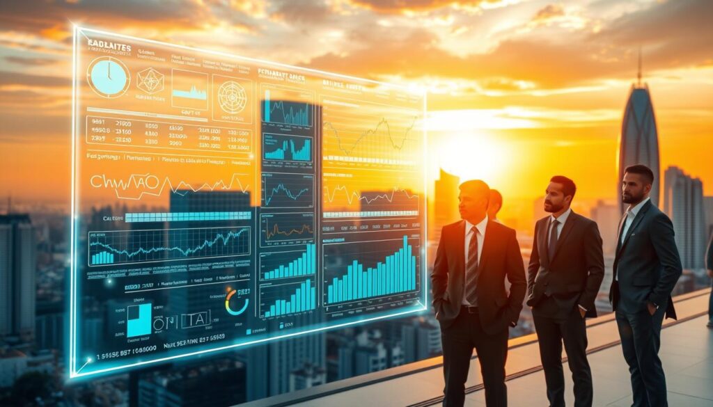 A gleaming, high-rise cityscape against a backdrop of a vibrant, golden sunset. In the foreground, a holographic display projects intricate financial data, charts, and algorithms, the edges pulsing with an ethereal glow. In the middle ground, a group of business professionals in tailored suits examines the display, their faces alight with a sense of discovery and innovation. The scene conveys the seamless integration of artificial intelligence and cutting-edge financial technology, shaping the future of the Brazilian financial sector.