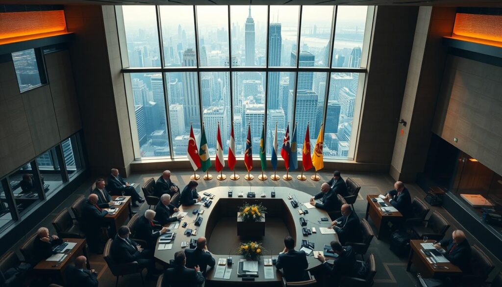 A high-angle view of the world's central banks in session, illuminated by warm, diffused natural light filtering through large windows. In the foreground, a grand conference table is surrounded by distinguished bankers in suits, engaged in lively discussion. The middle ground features an array of flags representing the global financial institutions, symbolizing the interconnectedness of the international monetary system. In the background, a panoramic cityscape with towering skyscrapers and bustling streets, reflecting the widespread impact of central bank policies. The scene conveys a sense of collaborative policymaking and the far-reaching influence of these powerful financial institutions.