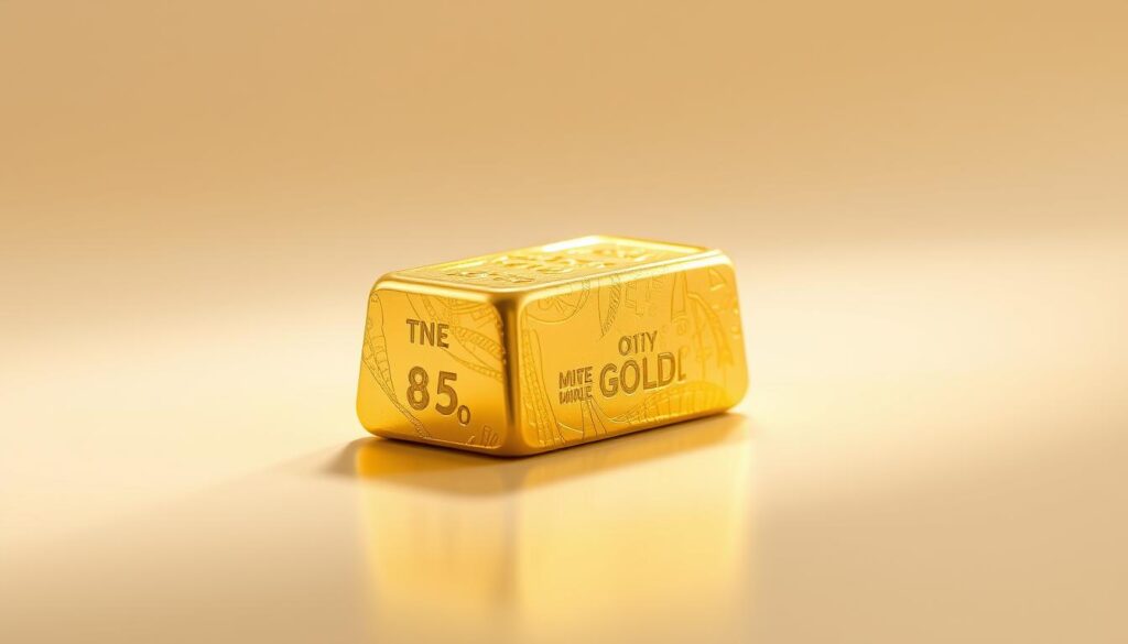 A majestic gold ingot rests upon a sleek, reflective surface, casting a warm glow across the scene. The background is a soft, neutral tone, allowing the precious metal to take center stage. Intricate details are visible on the ingot's surface, hinting at its high-quality and value. Subtle highlights and shadows accentuate the ingot's three-dimensional form, creating a sense of depth and solidity. The lighting is gentle and naturalistic, evoking a sense of timeless elegance and stability. This image represents the enduring status of gold as a reliable economic reserve, a tangible symbol of financial security and prosperity.