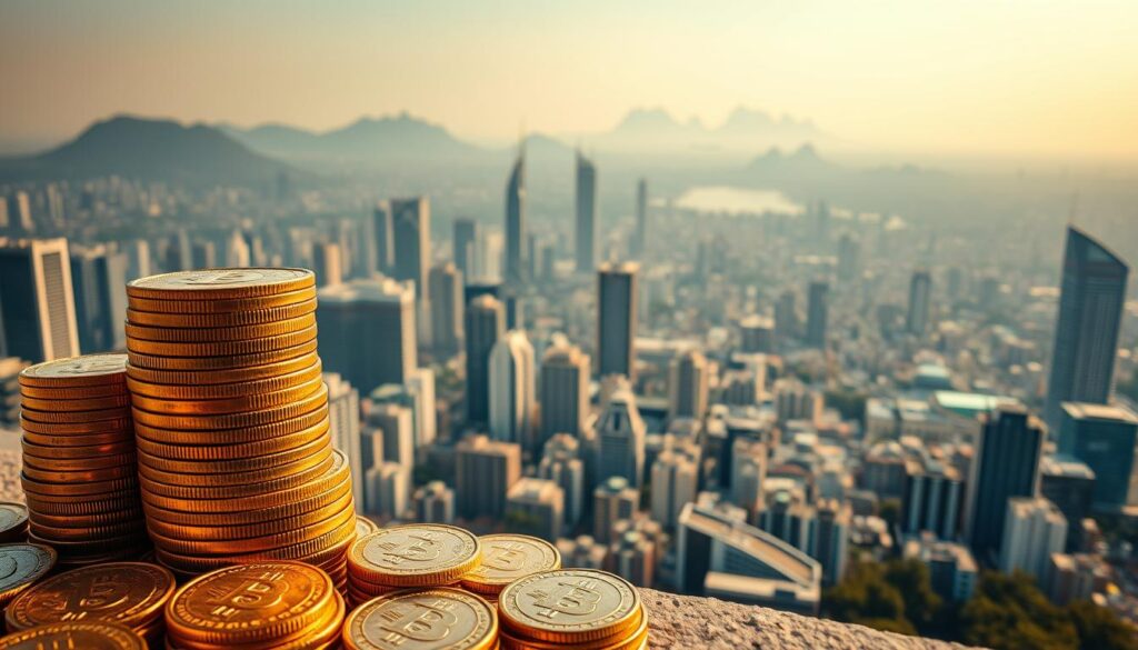 A panoramic view of the current Brazilian dollar landscape, captured with a wide-angle lens. In the foreground, a stack of golden coins, representing the strength and resilience of the local currency. In the middle ground, a bustling financial district, with skyscrapers and trading floors reflecting the dynamism of the Brazilian economy. In the distant background, a hazy horizon, symbolizing the uncertainty and volatility that often accompanies the fluctuations of the dollar exchange rate. The lighting is warm and golden, conveying a sense of optimism and opportunity, while the overall composition evokes a sense of balance and equilibrium, inviting the viewer to consider the complex factors at play in the current dollar situation in Brazil.