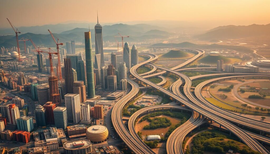 A panoramic vista of the Chinese economy in dynamic transformation. In the foreground, a bustling metropolis skyline with towering skyscrapers and cranes dotting the horizon, symbolizing rapid urbanization and infrastructure development. In the middle ground, winding highways and high-speed rail lines connect the urban centers, facilitating the flow of goods and people. The background features rolling hills and lush landscapes, hinting at the country's agricultural heritage and natural resources. The scene is bathed in warm, golden light, evoking a sense of optimism and progress. The overall composition conveys the scale, complexity, and evolution of the Chinese economy, poised at the cusp of a new era.