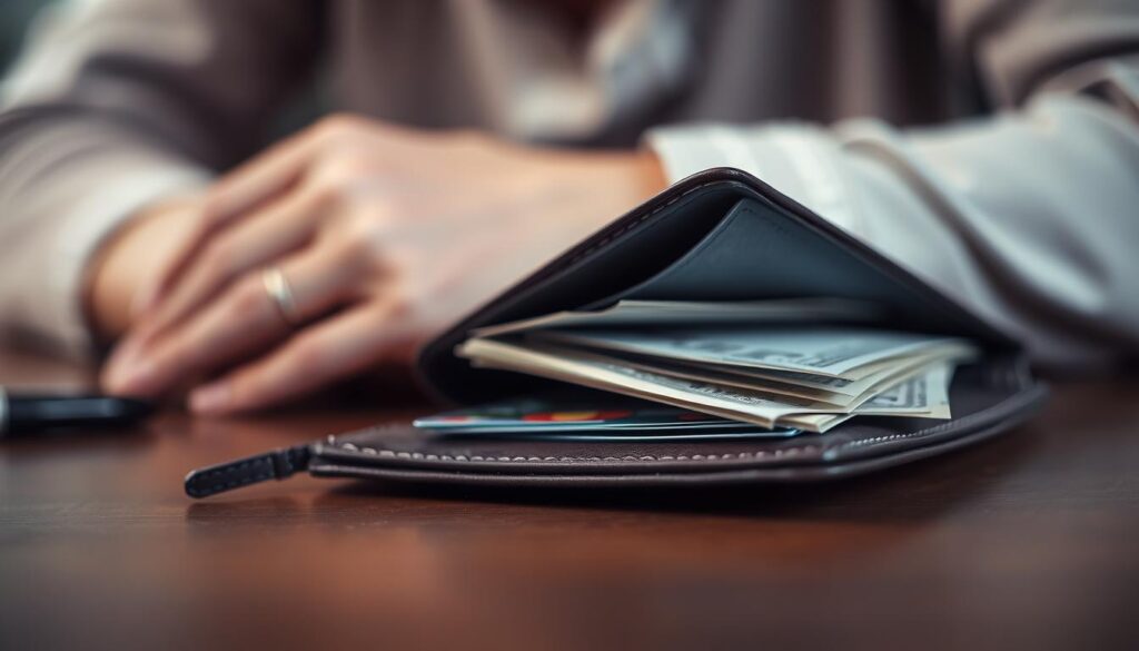 A person's wallet or purse resting on a table, with a focus on the wallet or purse's interior. The wallet or purse is half-open, revealing the contents, including currency, credit cards, and possibly receipts. The lighting is soft and diffused, creating a warm, intimate atmosphere. The background is blurred, drawing the viewer's attention to the wallet or purse and its contents. The overall mood conveys the impact of rising interest rates on an individual's personal finances, with a sense of concern or unease reflected in the image.
