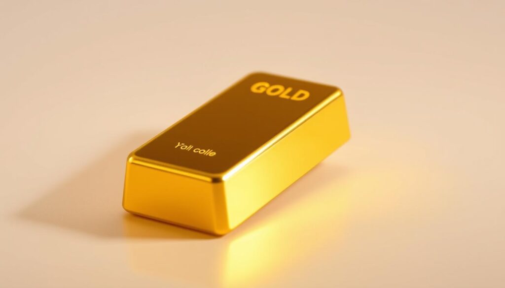A pristine golden bar rests on a smooth, reflective surface, casting a warm, shimmering glow. The bar is meticulously crafted, its edges sharp and its surface flawlessly polished. The lighting is soft and diffused, creating a sense of depth and dimensionality. The background is a neutral, muted tone, allowing the gold to take center stage and command attention. The overall composition evokes a feeling of solidity, stability, and the timeless allure of gold as a traditional store of value.
