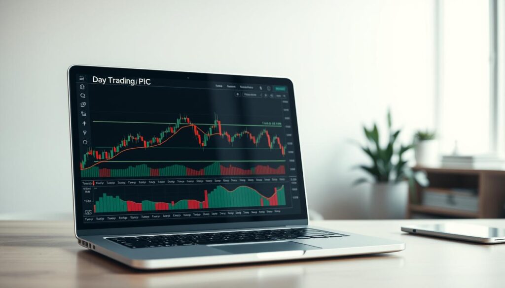 A professional-looking financial chart displayed on a laptop screen, set against a clean, minimalist office backdrop. The chart features various technical indicators, trend lines, and candlestick patterns, representing the strategies and insights of day trading. Soft, diffused lighting illuminates the scene, creating a sense of focus and clarity. The overall atmosphere conveys a balanced blend of analytical rigor and a calm, contemplative mood, reflecting the thoughtful approach to day trading.