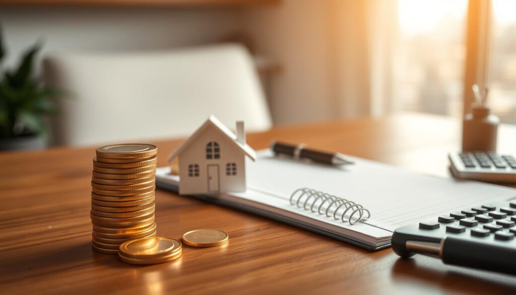 A serene financial landscape, with a central focus on the concept of "Renda Passiva Investimentos". In the foreground, a stack of gold coins and a serene, minimalist illustration of a house, symbolizing the passive income and financial security that passive investments can provide. In the middle ground, a polished wooden table with a notebook, pen, and calculator, representing the research and planning involved in building a passive income portfolio. In the background, a soft, blurred cityscape, hinting at the potential for financial freedom and independence that passive investments can unlock. The lighting is warm and inviting, creating a sense of comfort and stability. The overall composition is clean, elegant, and inviting, capturing the essence of the "Renda Passiva" concept.