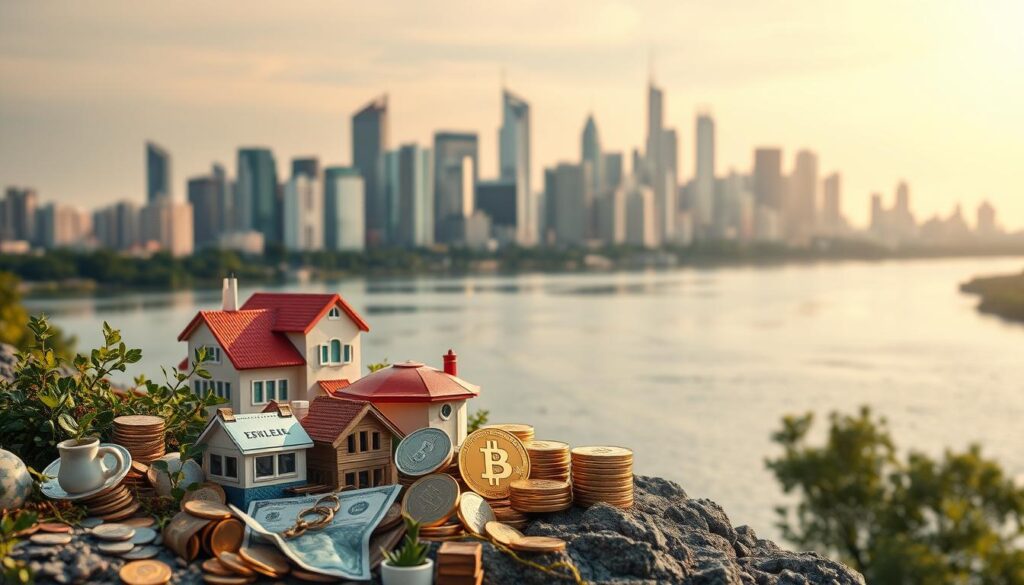 A serene financial landscape with passive income sources prominently featured. In the foreground, a diverse array of investment assets such as stocks, bonds, real estate, and cryptocurrencies are neatly arranged, symbolizing the varied opportunities for building passive wealth. In the middle ground, a tranquil river or lake reflects the calm and stability of these income streams. The background showcases a skyline of modern skyscrapers, hinting at the sophisticated financial markets that enable these passive income opportunities. The lighting is soft and warm, conveying a sense of security and prosperity. The overall composition emphasizes the harmony and balance between active and passive income sources in the financial ecosystem.