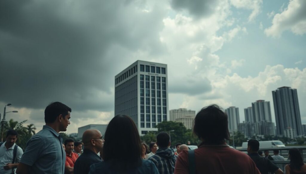 A somber Brazilian cityscape, with a heavy cloud of discomfort and unease hanging over the scene. In the foreground, a group of people avoid eye contact, their body language and facial expressions conveying a reluctance to discuss financial matters. The middle ground features a towering, imposing bank building, its cold, angular facade symbolizing the inaccessibility and opaqueness of the financial system. In the background, a blurred skyline of high-rise buildings, hinting at the stark economic disparities that pervade Brazilian society. The overall atmosphere is one of tension, silence, and a collective resistance to confront the taboo subject of money and wealth. Dramatic, mid-afternoon lighting casts long shadows, adding to the sense of unease. The scene is captured through a wide-angle lens, further emphasizing the sense of societal disconnect.
