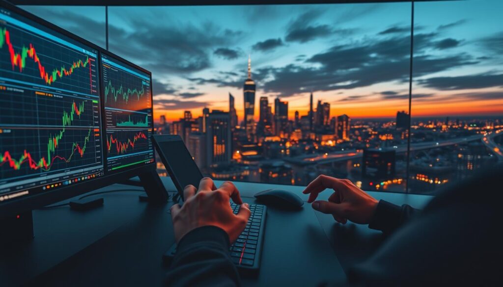 A sophisticated stock market trading desk, illuminated by warm, focused lighting. In the foreground, a trader's hands manipulate complex charts and financial data on multiple high-resolution displays. The middle ground showcases advanced trading software interfaces, with real-time market indicators and algorithmic trading tools. In the background, a panoramic city skyline at dusk, symbolizing the global reach and fast-paced nature of day trading strategies. The overall scene conveys a sense of analytical focus, technological prowess, and the potential rewards and risks inherent in the world of day trading.