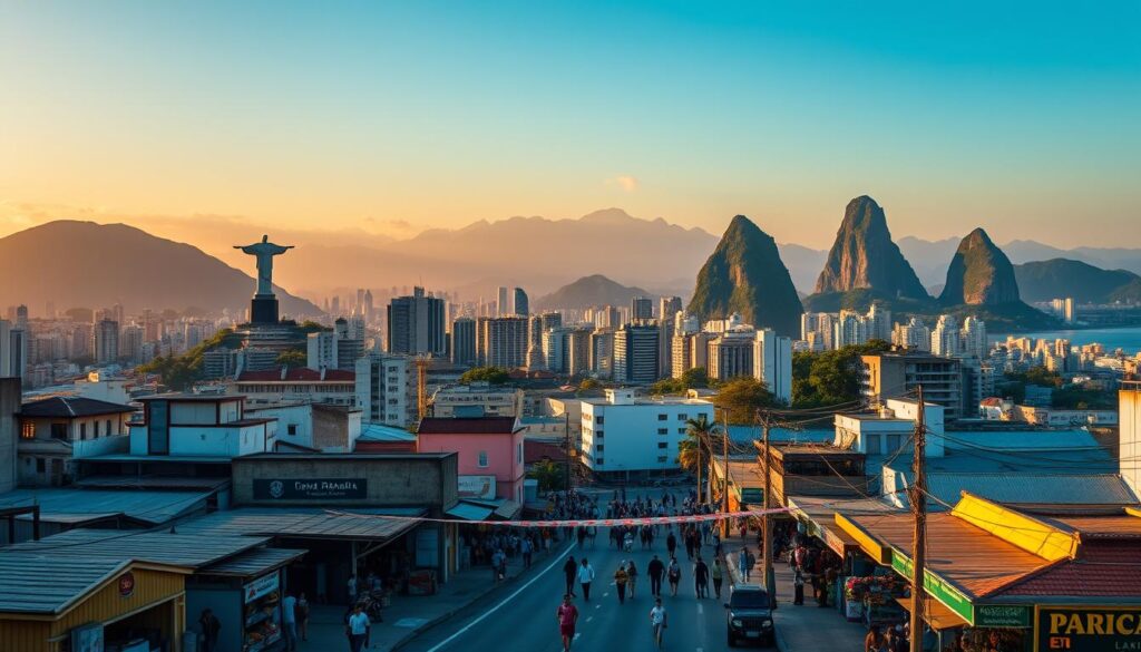 A striking cityscape of Rio de Janeiro, with iconic landmarks like the Christ the Redeemer statue and Sugarloaf Mountain in the background. In the foreground, vibrant street scenes depict the economic impact of the new US economic package, with bustling markets, construction projects, and people going about their daily lives. The lighting is warm and golden, casting a hopeful glow over the scene. The composition captures the dynamism and resilience of the Brazilian economy, with a sense of cautious optimism amidst the changing global landscape.