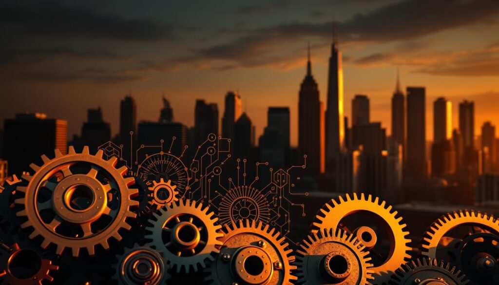 A striking image of the "Global Crypto Regulation MiCA" framework, set against a backdrop of a modern financial skyline. In the foreground, intricate gears and mechanisms symbolize the intricacies of the new regulatory structure, cast in a warm, metallic palette. The middle ground features abstract blockchain-inspired patterns and shapes, hinting at the digital nature of the crypto markets. In the distance, the silhouettes of towering skyscrapers convey the global scale and significance of this new regulatory landscape. Dramatic, directional lighting casts dramatic shadows, lending a sense of gravitas and importance to the scene. The overall composition strikes a balance between the technical, the digital, and the grand, befitting the scope and significance of the MiCA framework.