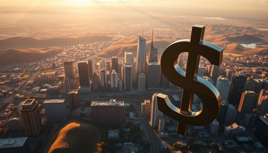A sweeping aerial view of the global economic landscape, showcasing the towering skyscrapers of major financial centers against a backdrop of rolling hills and a vast, open sky. The scene is bathed in a warm, golden light, casting long shadows that suggest the late afternoon hour. In the foreground, a prominent US dollar symbol dominates the frame, its sharp angles and metallic sheen reflecting the strength and volatility of the currency. The overall composition conveys a sense of both power and uncertainty, hinting at the complex interplay of global economic forces that shape the world's financial markets.