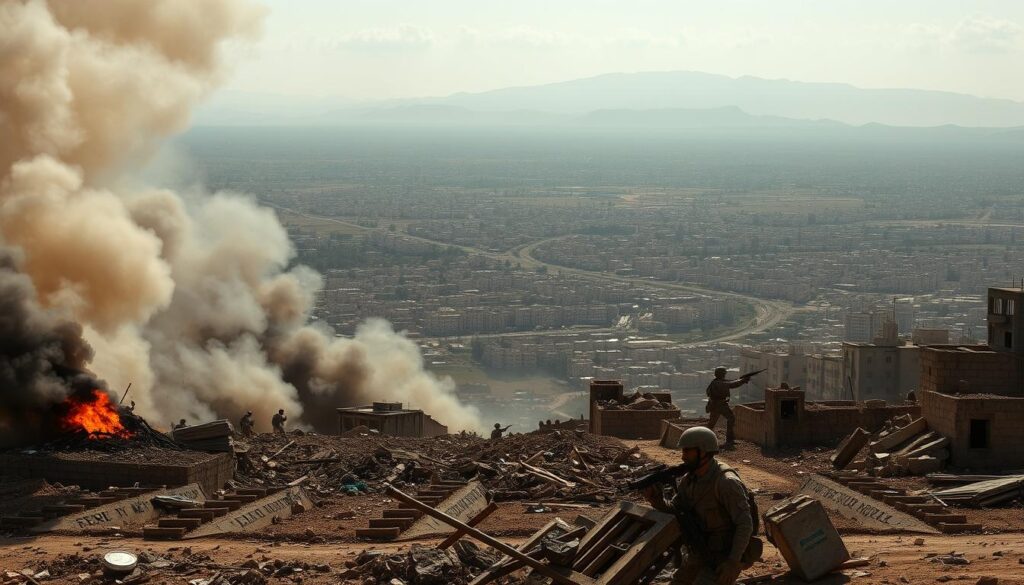 A vast and tumultuous landscape in the Middle East, a scene of intense conflict. In the foreground, smoke billows from burning buildings, the rubble of destroyed structures littering the ground. Amid the chaos, armed soldiers engage in fierce combat, their weapons unleashing flashes of light. The middle ground reveals a sprawling city, its once-vibrant streets now scarred by the ravages of war. In the distance, mountains rise, their peaks shrouded in mist, a grim reminder of the enduring nature of this protracted struggle. The lighting is harsh and unforgiving, casting deep shadows and highlighting the desperation of the situation. The overall mood is one of tension, despair, and the overwhelming weight of a conflict that has spanned generations.