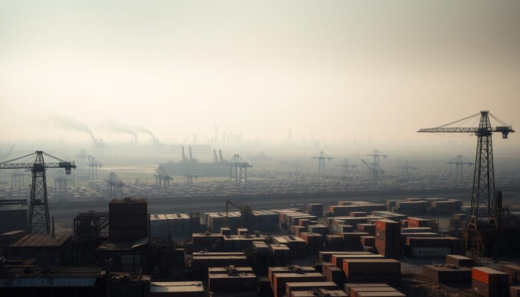 A vast industrial landscape of the Chinese manufacturing sector lies in a state of disarray. In the foreground, crumbling factory buildings and rusting machinery convey a sense of abandonment and decay. The middle ground is dominated by a sea of idle shipping containers, once bustling with global trade, now motionless and neglected. In the distance, a hazy skyline is obscured by a thick veil of smog, symbolizing the environmental and economic challenges facing the once-thriving manufacturing powerhouse. The scene is bathed in a somber, muted palette, evoking a mood of melancholy and uncertainty. Dramatic lighting casts long shadows, adding to the sense of turmoil and unease. An ominous, foreboding atmosphere permeates the frame, reflecting the broader crisis that has gripped the Chinese manufacturing sector.