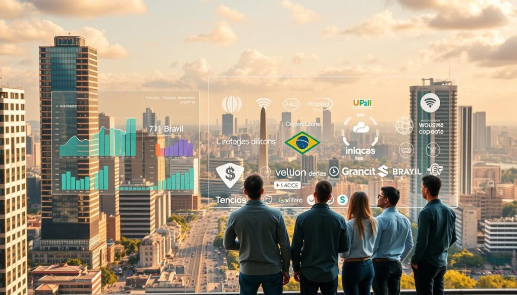 A vibrant cityscape of São Paulo, Brazil, bustling with modern high-rise buildings and bustling streets. In the foreground, a group of young, dynamic professionals stand before a large holographic display, discussing investment opportunities in the fintech sector. The display showcases graphs, charts, and data visualizations, highlighting the exponential growth and potential of fintech startups in the region. The middle ground features a diverse array of fintech companies, their logos and branding prominently displayed. In the background, a panoramic view of the city skyline, with the iconic Bandeirantes Monument standing tall, symbolizing Brazil's entrepreneurial spirit. The scene is bathed in warm, golden light, conveying a sense of optimism and progress. The overall mood is one of innovation, opportunity, and the rise of Brazil as a leading fintech hub in Latin America.