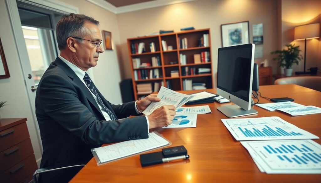 A well-lit office interior with a large wooden desk, a modern computer setup, and various financial documents and charts spread out. A middle-aged person in a suit is sitting at the desk, intently studying the information before them. The room has a warm, professional atmosphere, with soft lighting and a bookshelf in the background. The overall scene conveys a sense of thoughtful financial analysis and personal financial planning.
