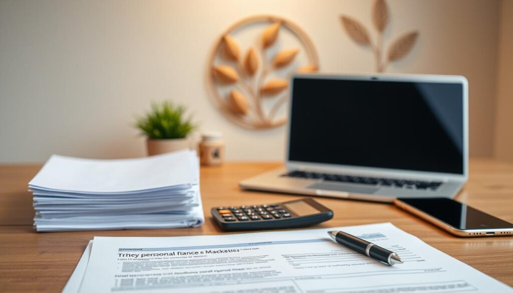 A well-organized personal finance plan, depicted as a neatly arranged desk scene. In the foreground, a stack of documents, a calculator, and a pen sit atop a wooden surface, symbolizing the tangible elements of financial planning. In the middle ground, a modern laptop and a sleek smartphone represent the digital tools and applications used for budgeting and tracking expenses. The background features a minimalist, natural-themed wall decor, conveying a sense of calm and balance, reflecting the importance of a thoughtful, well-structured personal finance strategy. Soft, warm lighting illuminates the scene, creating an atmosphere of professionalism and productivity.