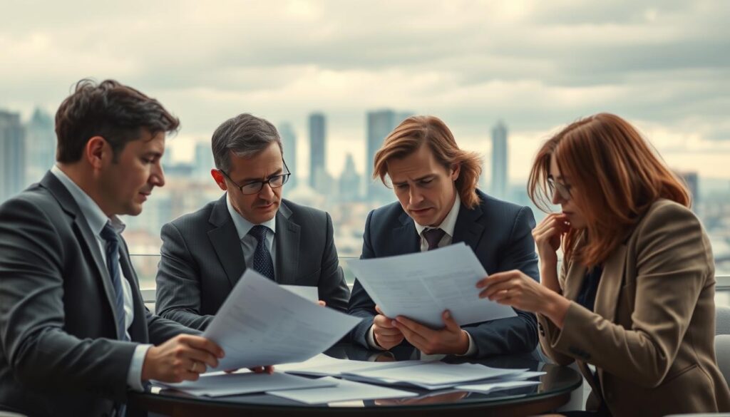 Cautious investors seeking safe assets during stock market decline: A group of well-dressed professionals gathered around a table, expressions of concern on their faces, as they scrutinize financial reports and discuss investment strategies. The lighting is soft and muted, creating an atmosphere of seriousness and caution. The scene is captured from a slightly elevated angle, giving a sense of the investors' careful deliberation. In the background, a cityscape with skyscrapers and a gloomy sky hints at the broader economic conditions.